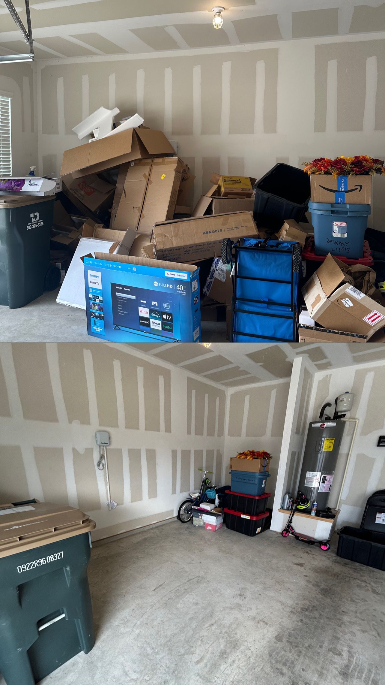 A garage filled with lots of boxes and trash cans.