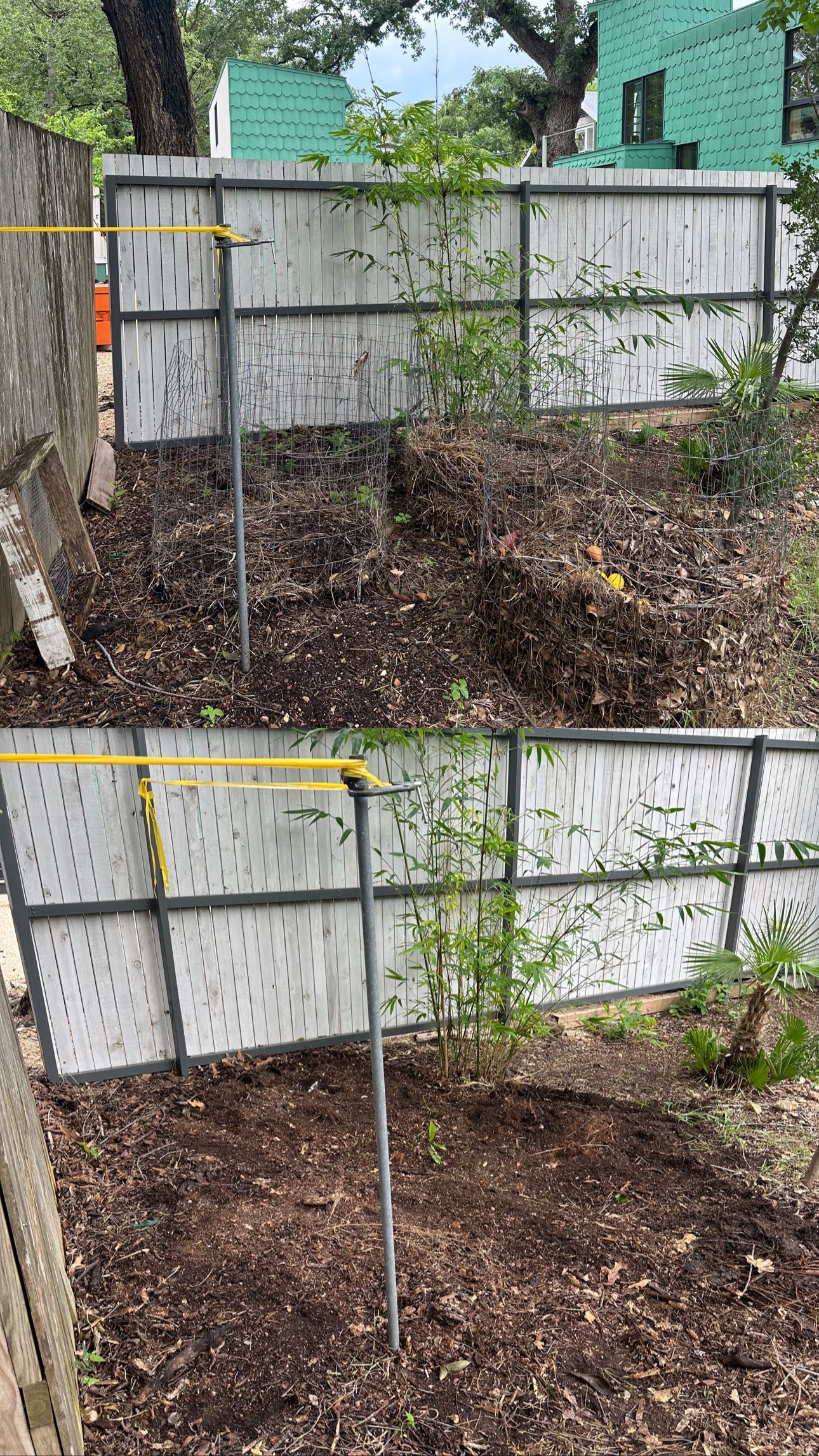 A fence is surrounded by a pile of dirt and plants.