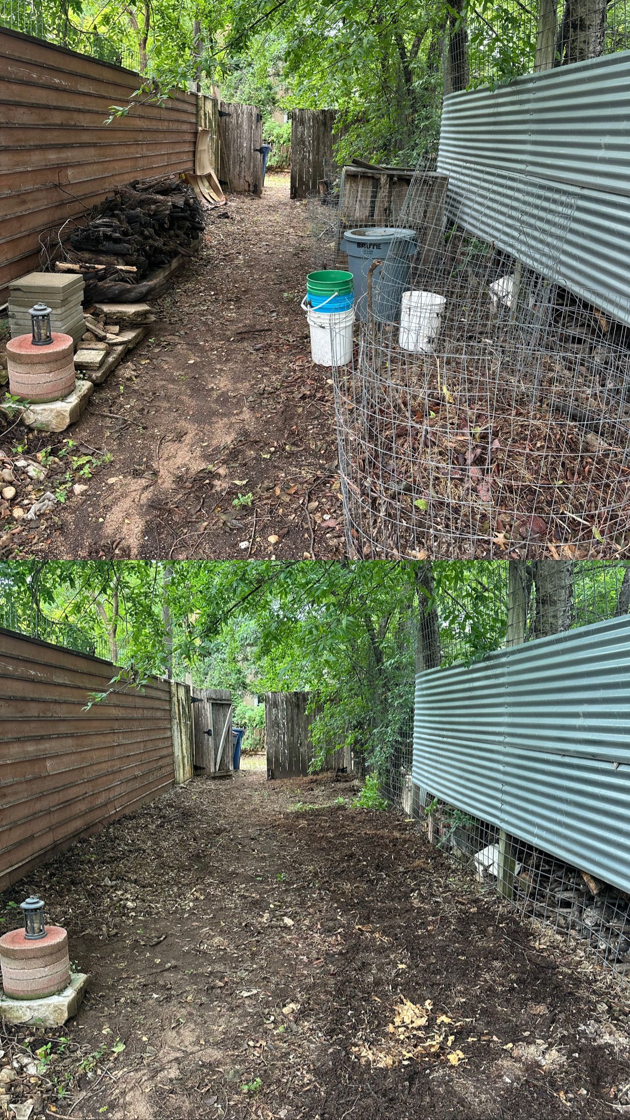 A before and after picture of a backyard with a fence.