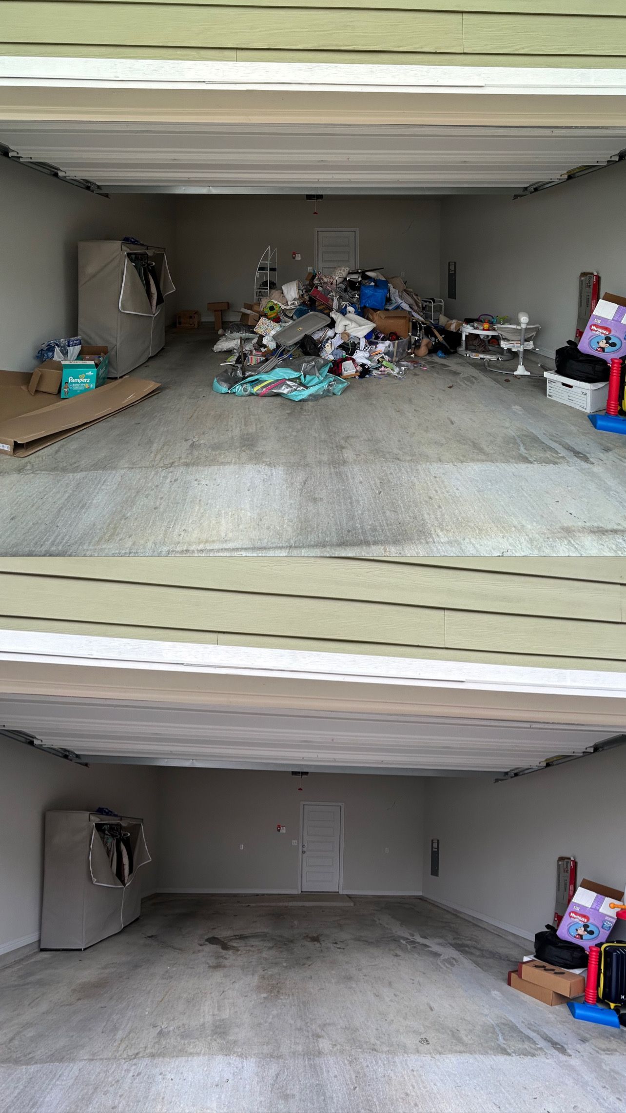 A before and after picture of a garage filled with junk.