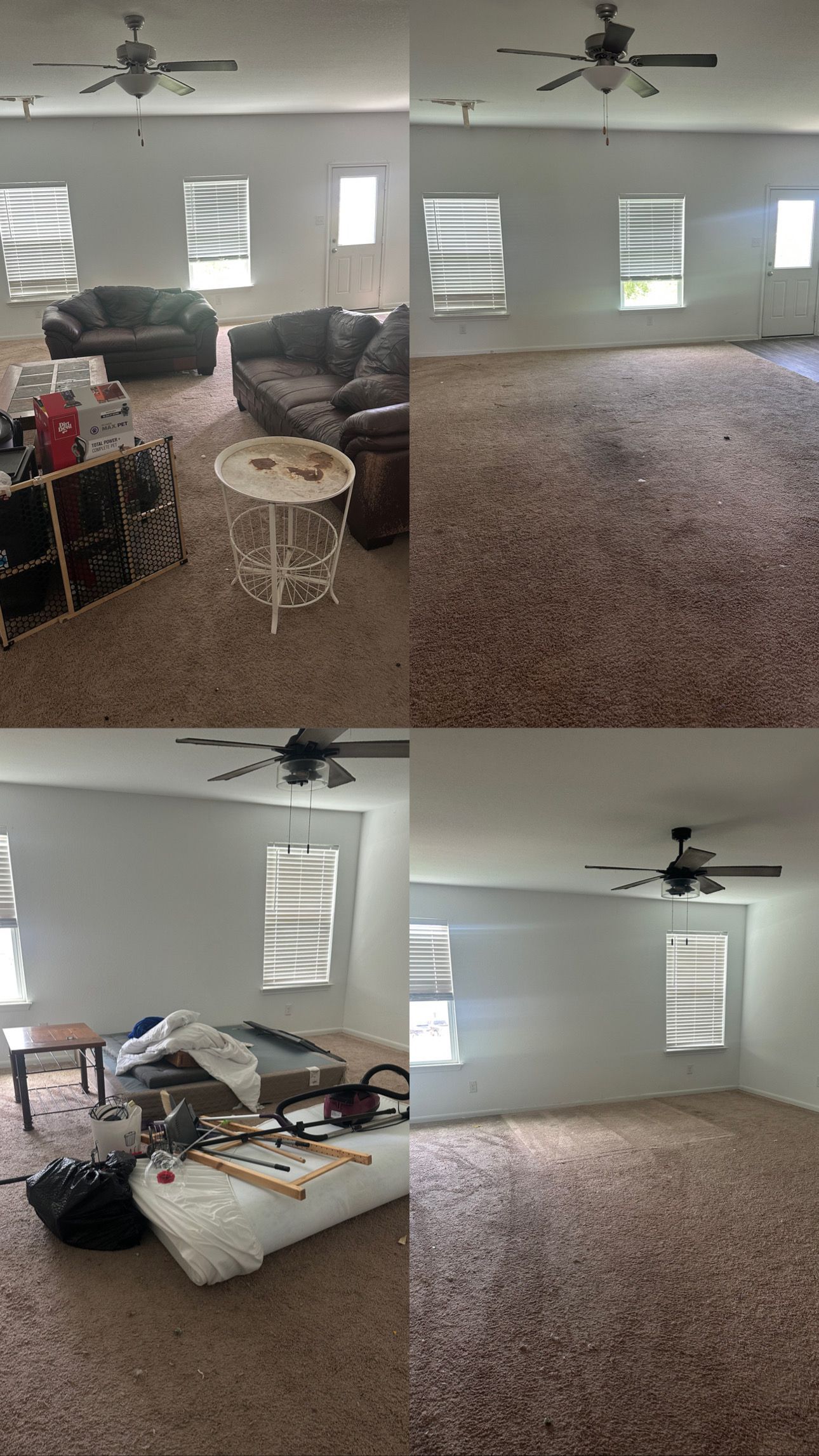 A living room with a couch , table , and ceiling fan.
