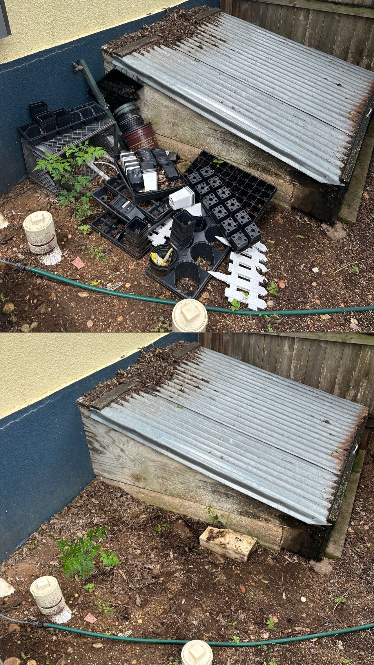 A couple of pictures of a garden with a metal roof.