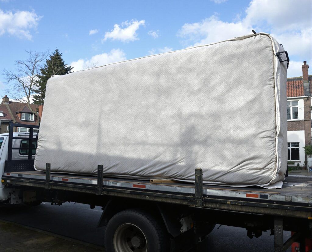 A large mattress is on the back of a tow truck
