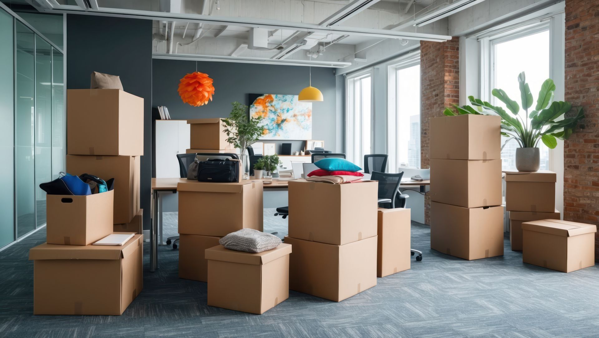 A large office filled with lots of cardboard boxes.