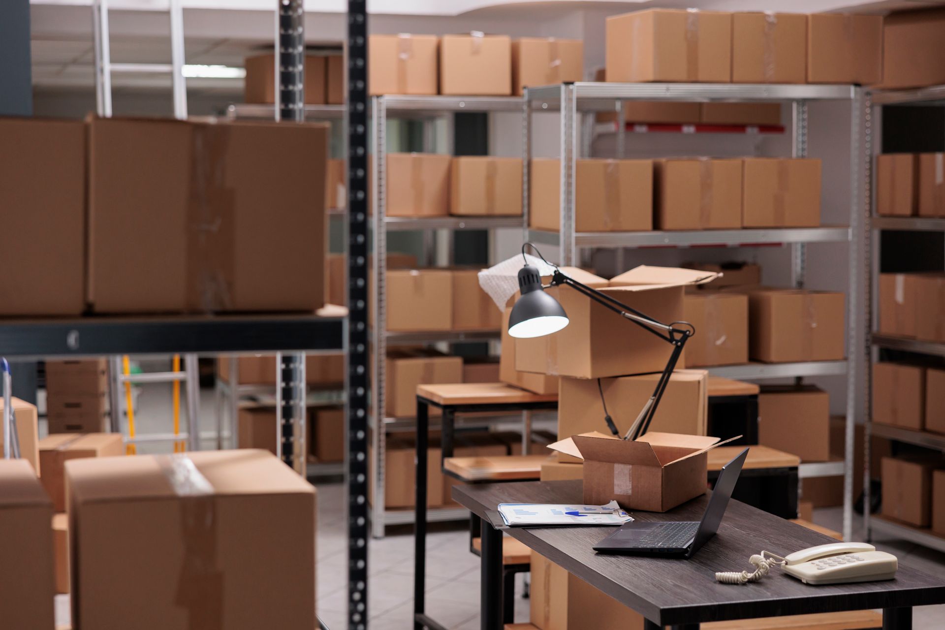 A warehouse filled with lots of cardboard boxes and a desk with a laptop on it.