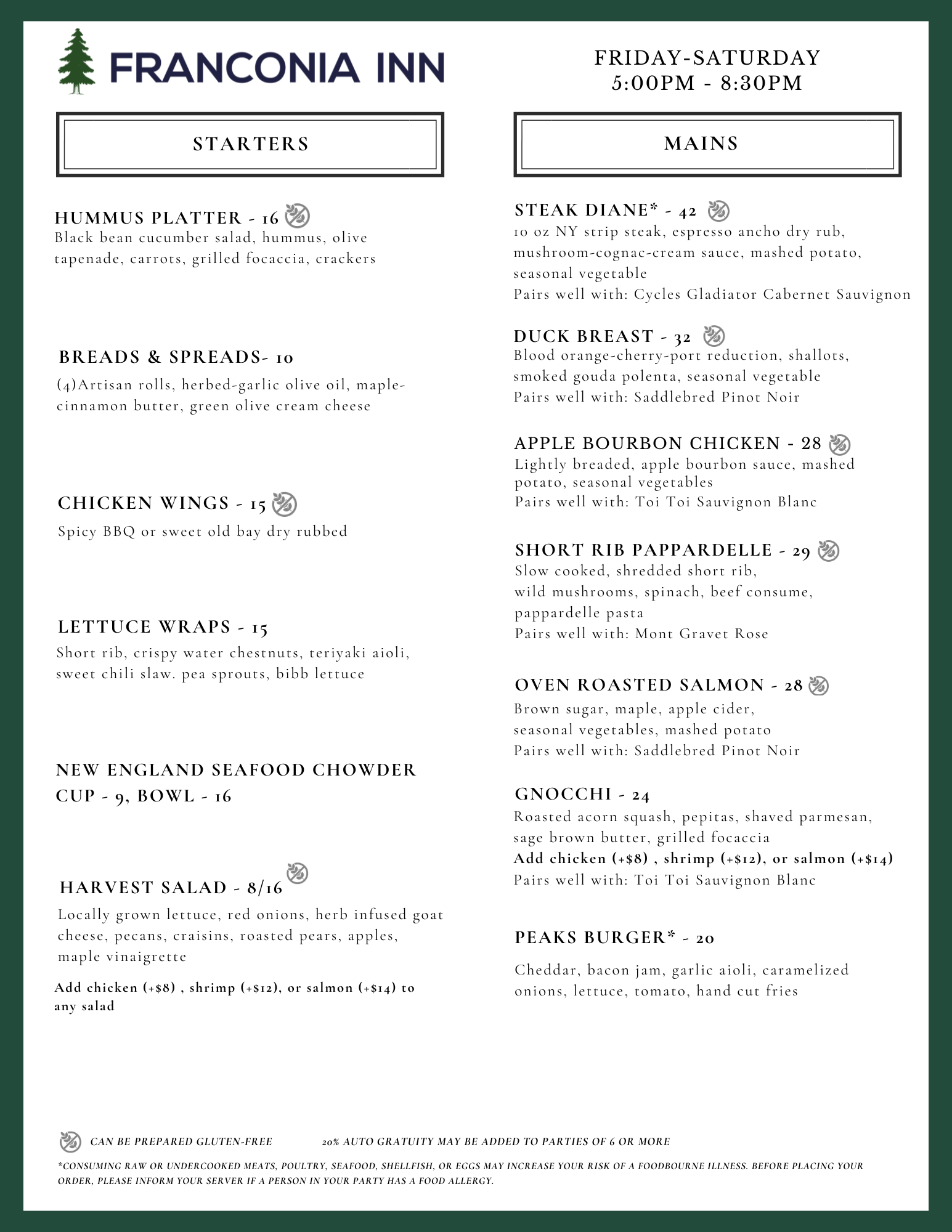 Franconia Inn Dinner Menu