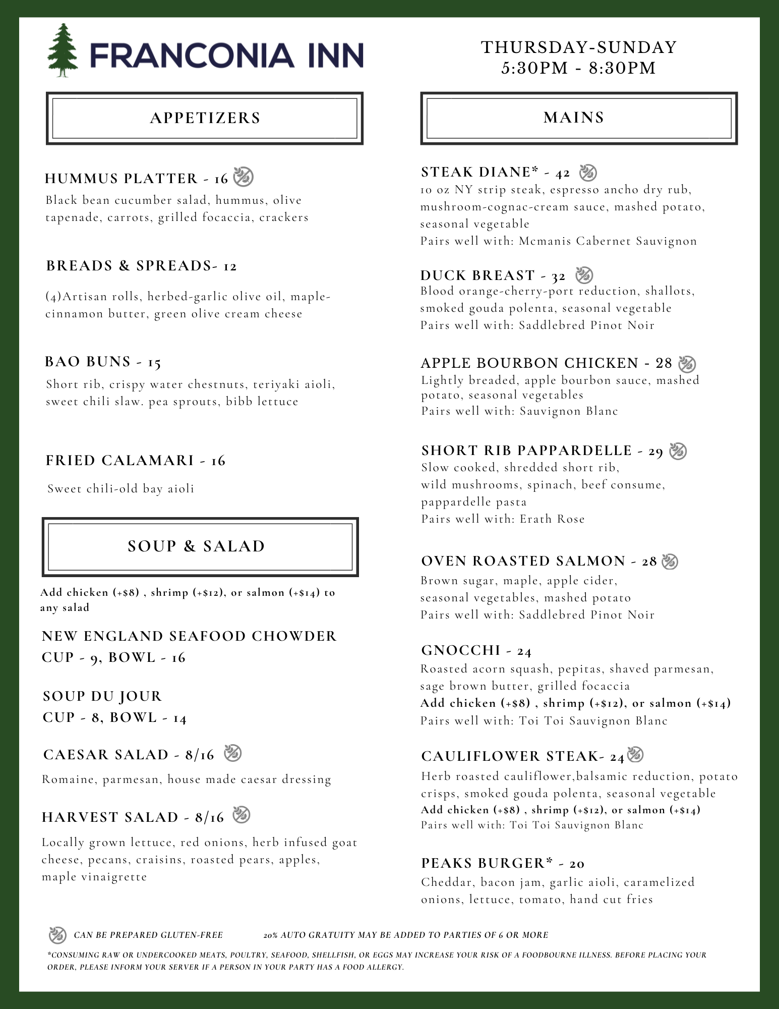 Franconia Inn Dinner Menu