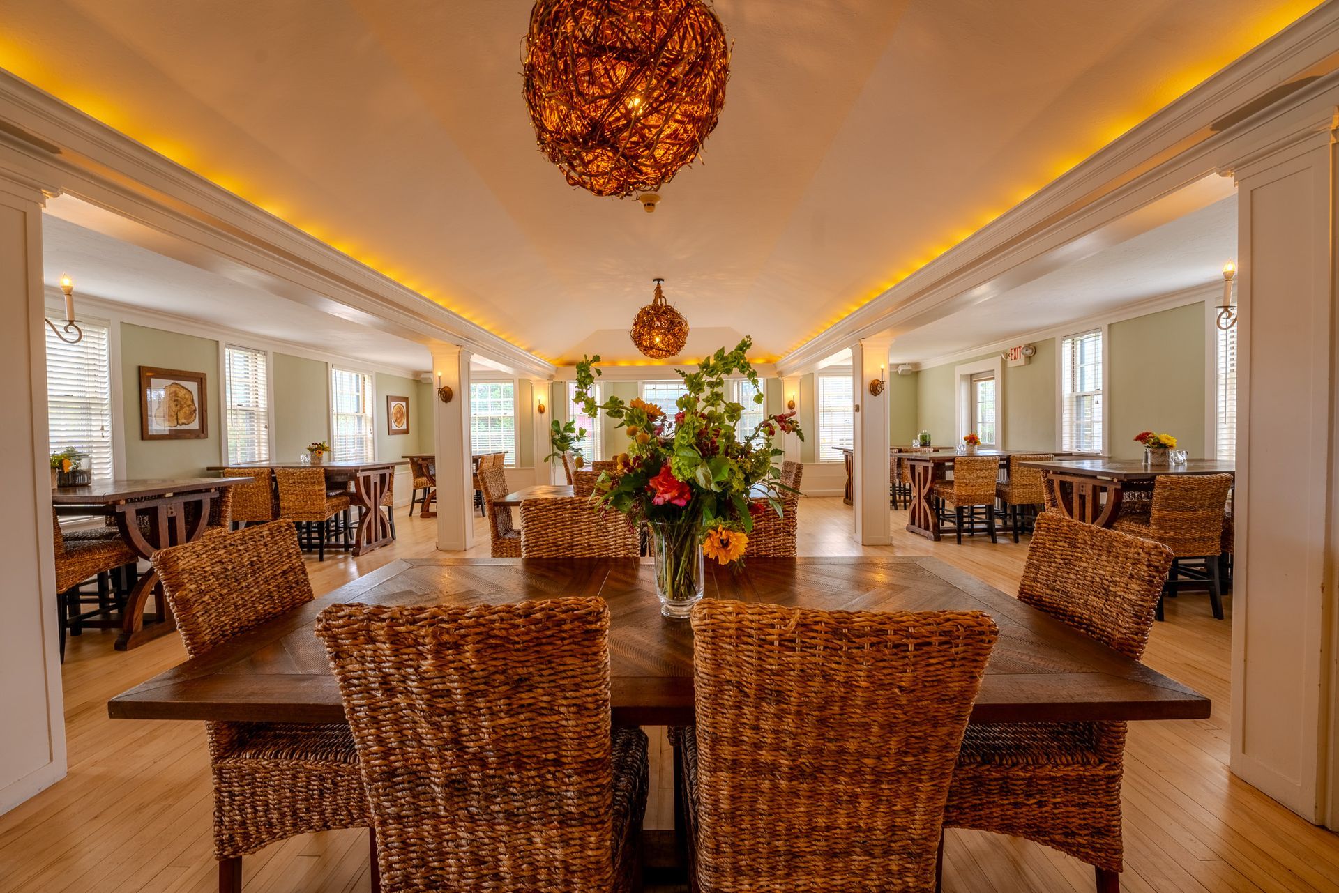 Elegant dining room at Franconia Inn, a White Mountain resort restaurant in New Hampshire.