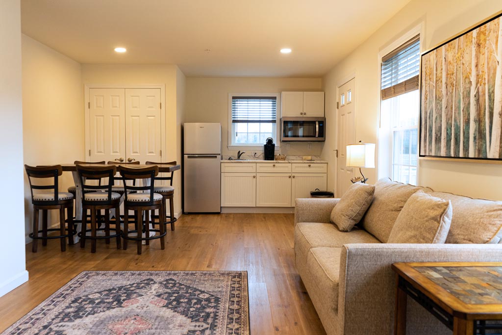 Cozy studio apartment with dining area, small kitchen, and living space featuring a sofa and rug.