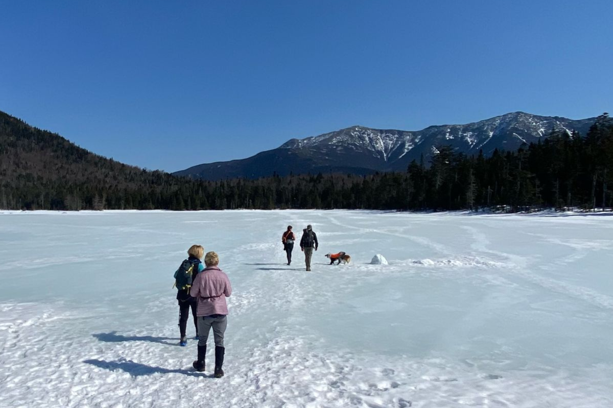lonesome lake winter hiking with four hikers and a dog