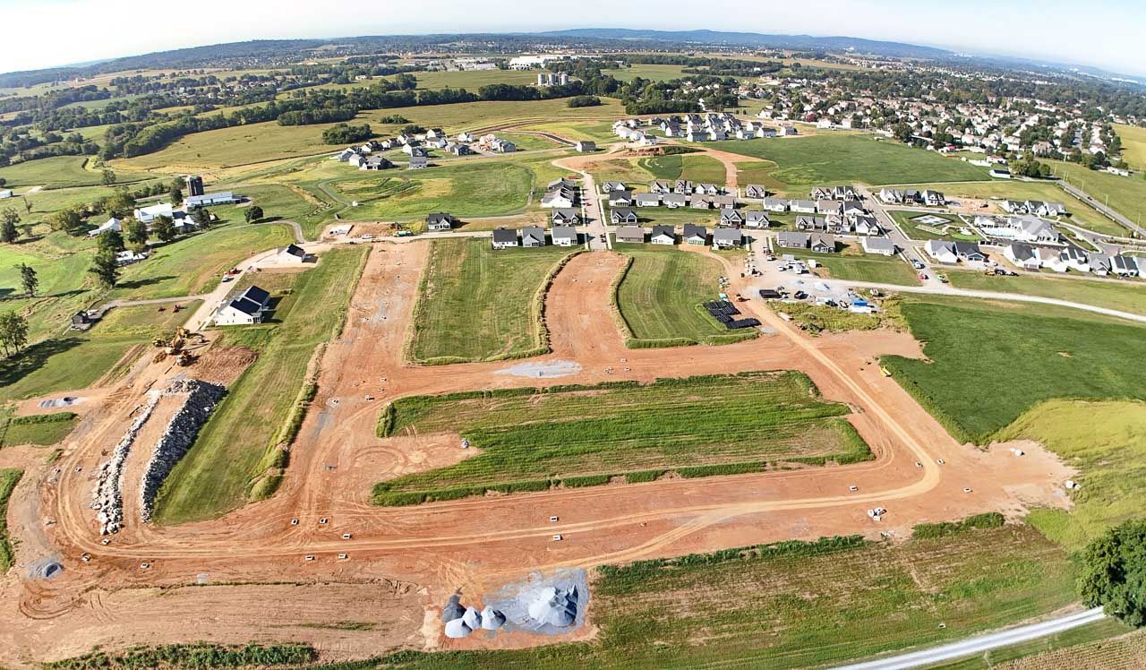 An aerial view of a residential development under construction.