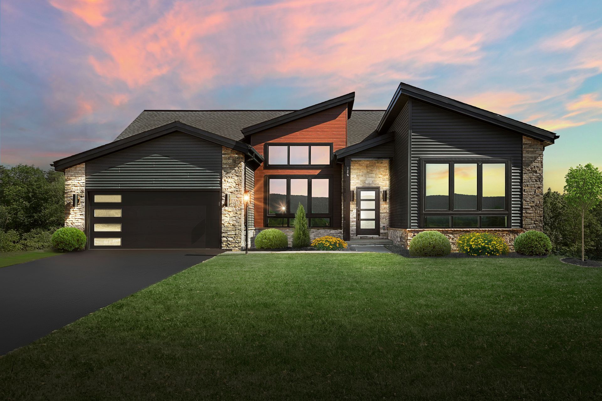 An artist 's impression of a modern house with a large garage.