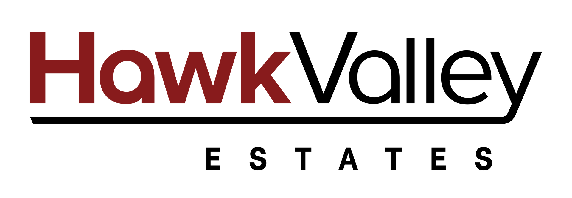 The logo for hawk valley estates is red and black