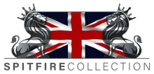 A logo for spitfire collection with a british flag and two lions