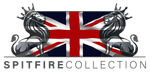 A logo for spitfire collection with a british flag and two lions