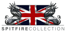 A logo for spitfire collection with a british flag and two lions