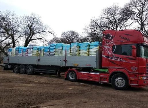 Un camion rosso con semirimorchio carico di merce avvolta in pellicola blu percorre una strada fangosa.