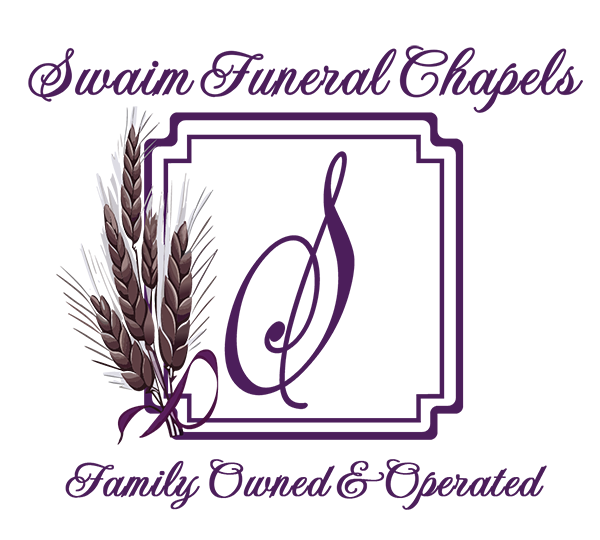 Logo for Swaim Funeral Chapels, with purple script text, a framed "S", and wheat stalks.