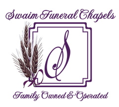 Logo for Swaim Funeral Chapels, with purple script text, a framed "S", and wheat stalks.