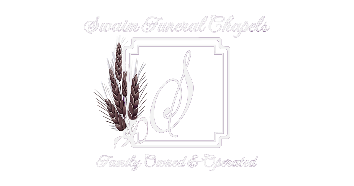 Logo for Swain Funeral Chapels, with wheat, dove, and decorative frame. Family Owned & Operated.