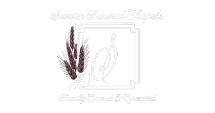 Logo for Swain Funeral Chapels, with wheat, dove, and decorative frame. Family Owned & Operated.
