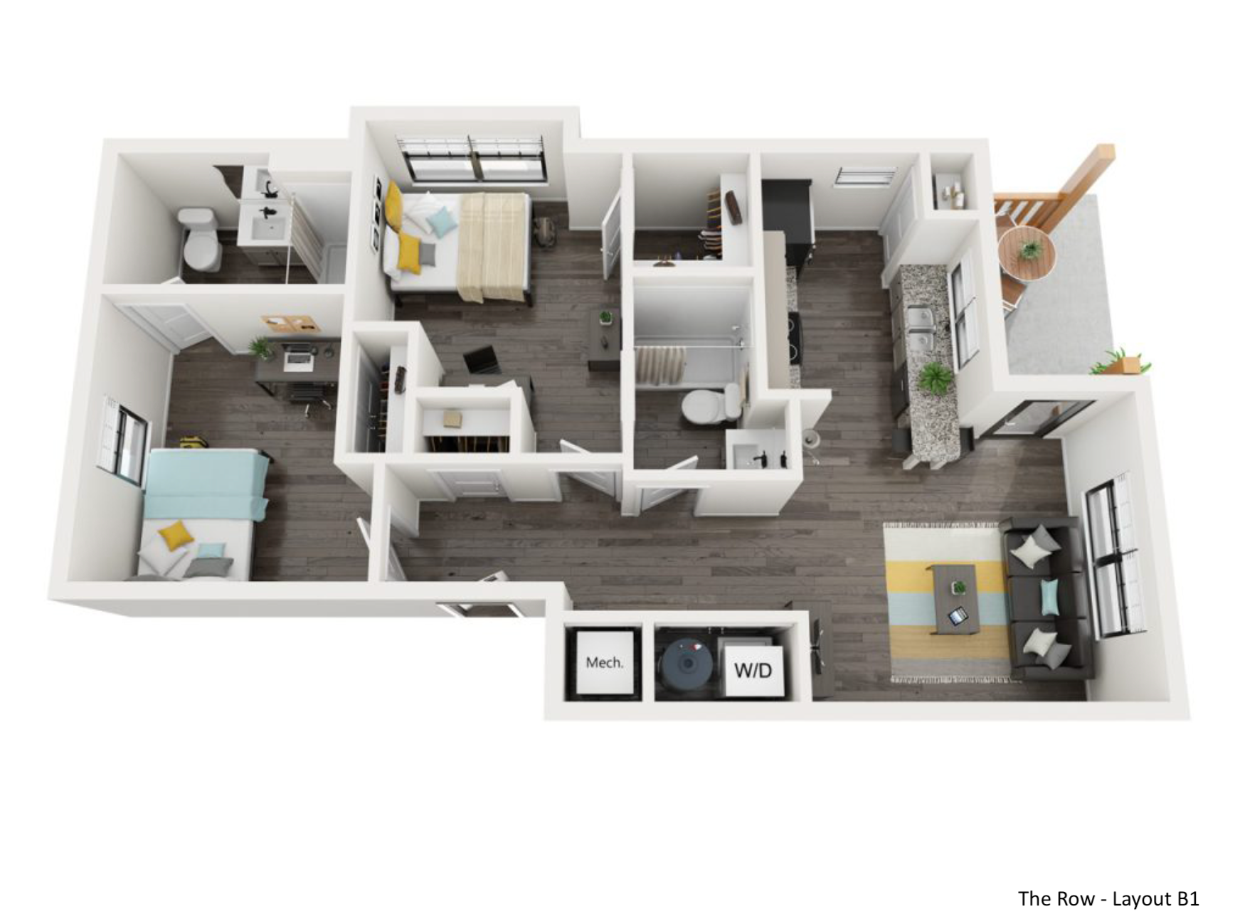 Floor plan of a two-bedroom apartment with a living room, kitchen, two bathrooms, and a laundry area.