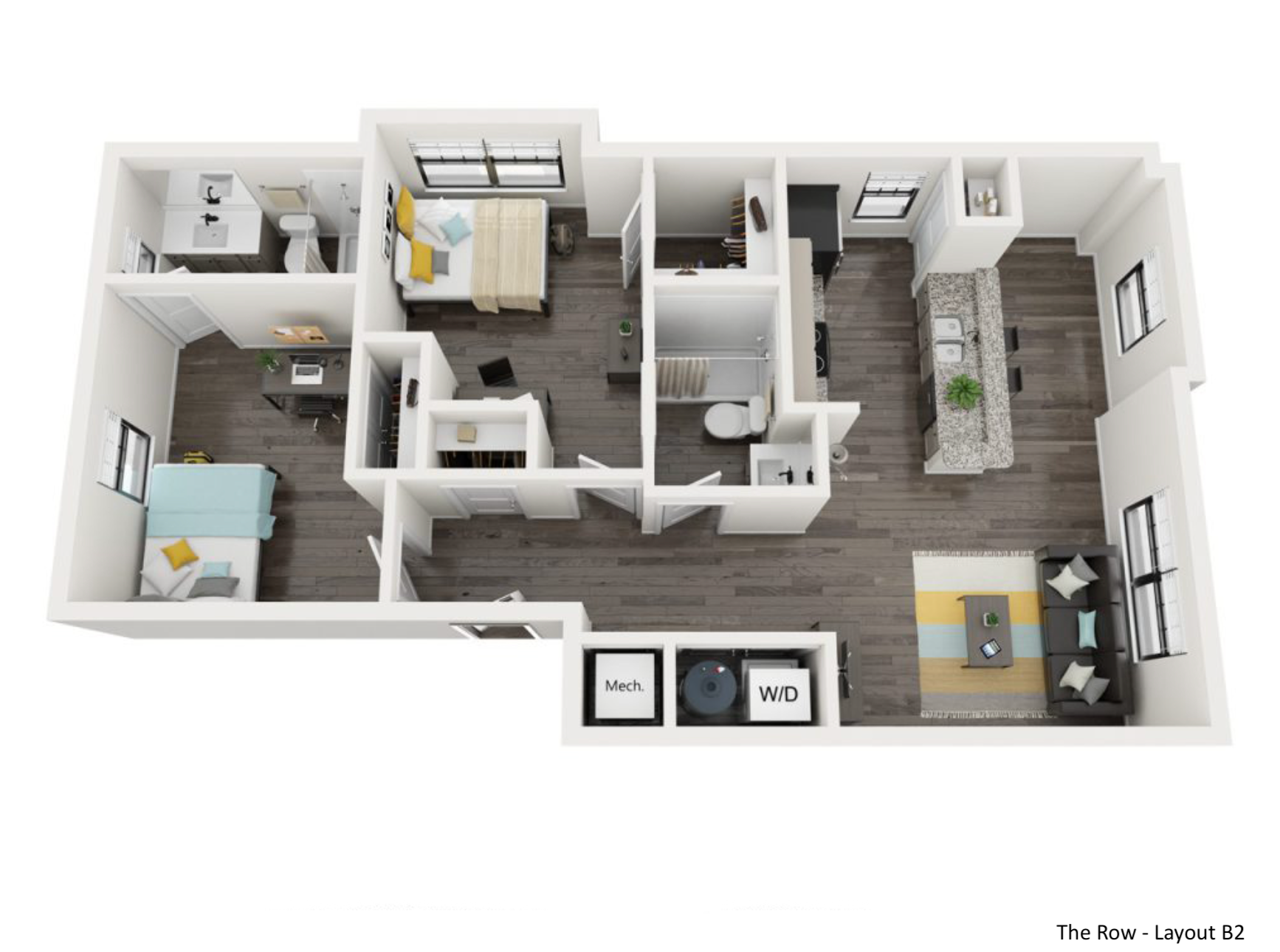 Floor plan of a modern two-bedroom apartment with furniture, kitchen island, and laundry closet.