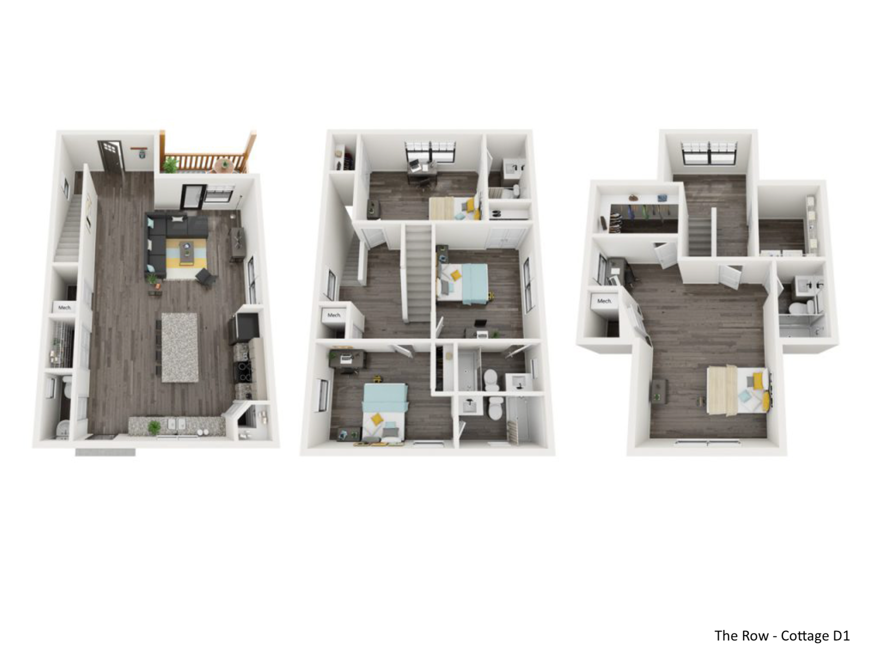 Three-story floor plans of townhouses with furniture and decor.