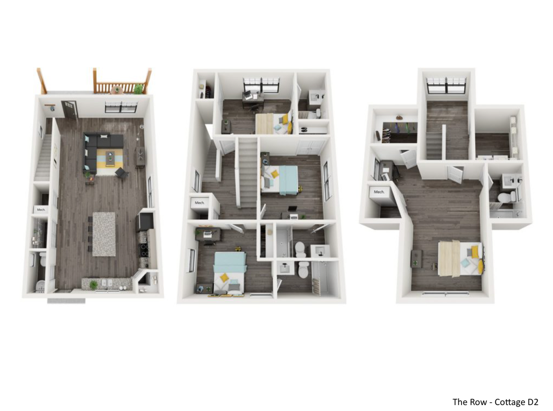 Three-floor apartment layout diagrams; each shows rooms, furnishings, and stairs.