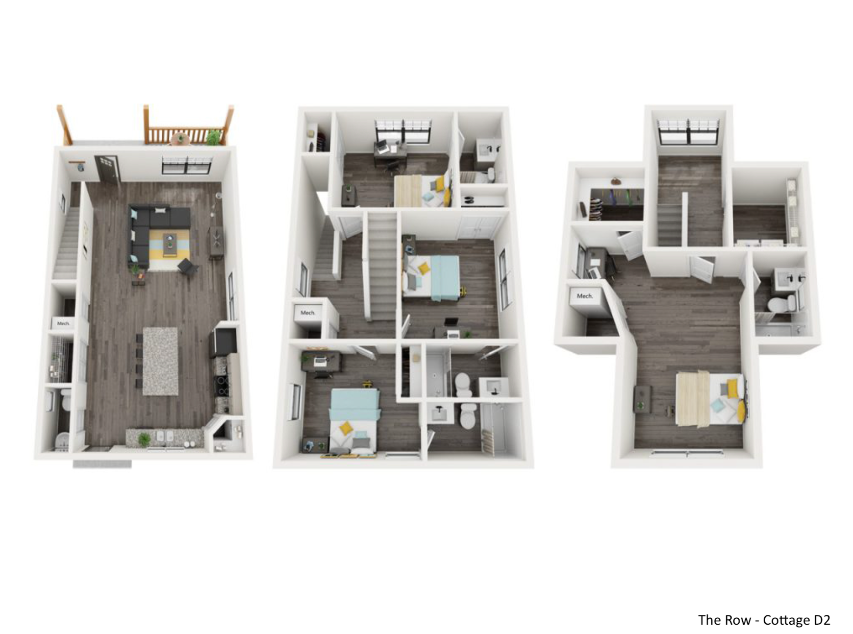 Three-floor apartment layout diagrams; each shows rooms, furnishings, and stairs.