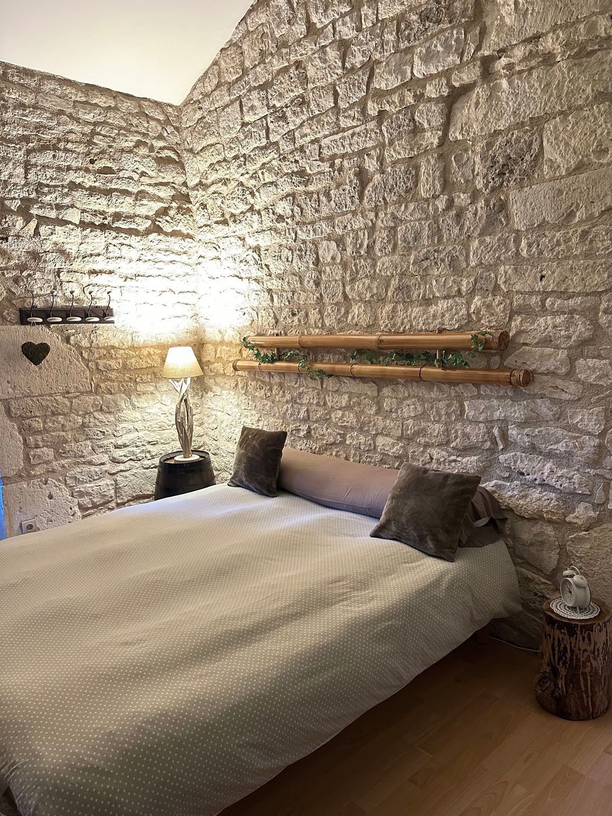 Chambre avec murs en pierre, lit, table de chevet, lampe et étagères avec plantes vertes.