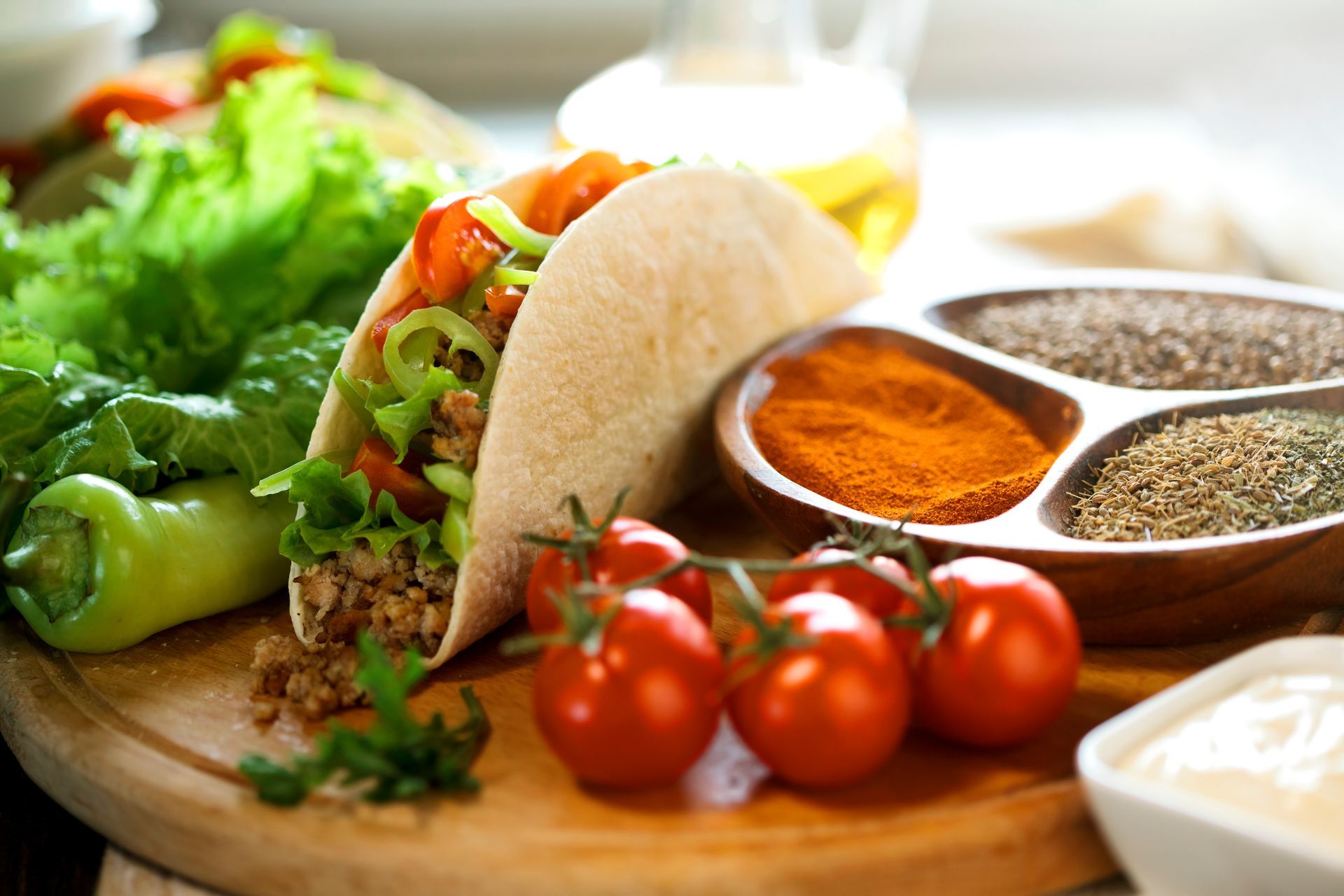 Crispy Beef Taco with salad and spices