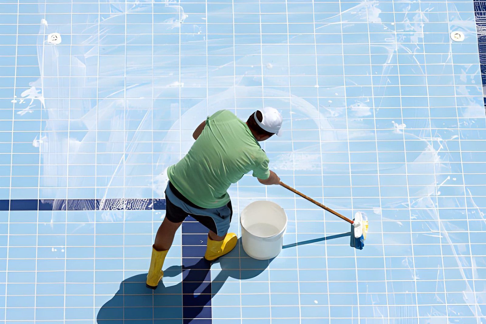 Worker in green scrubs mopping a blue tiled floor next to a white bucket