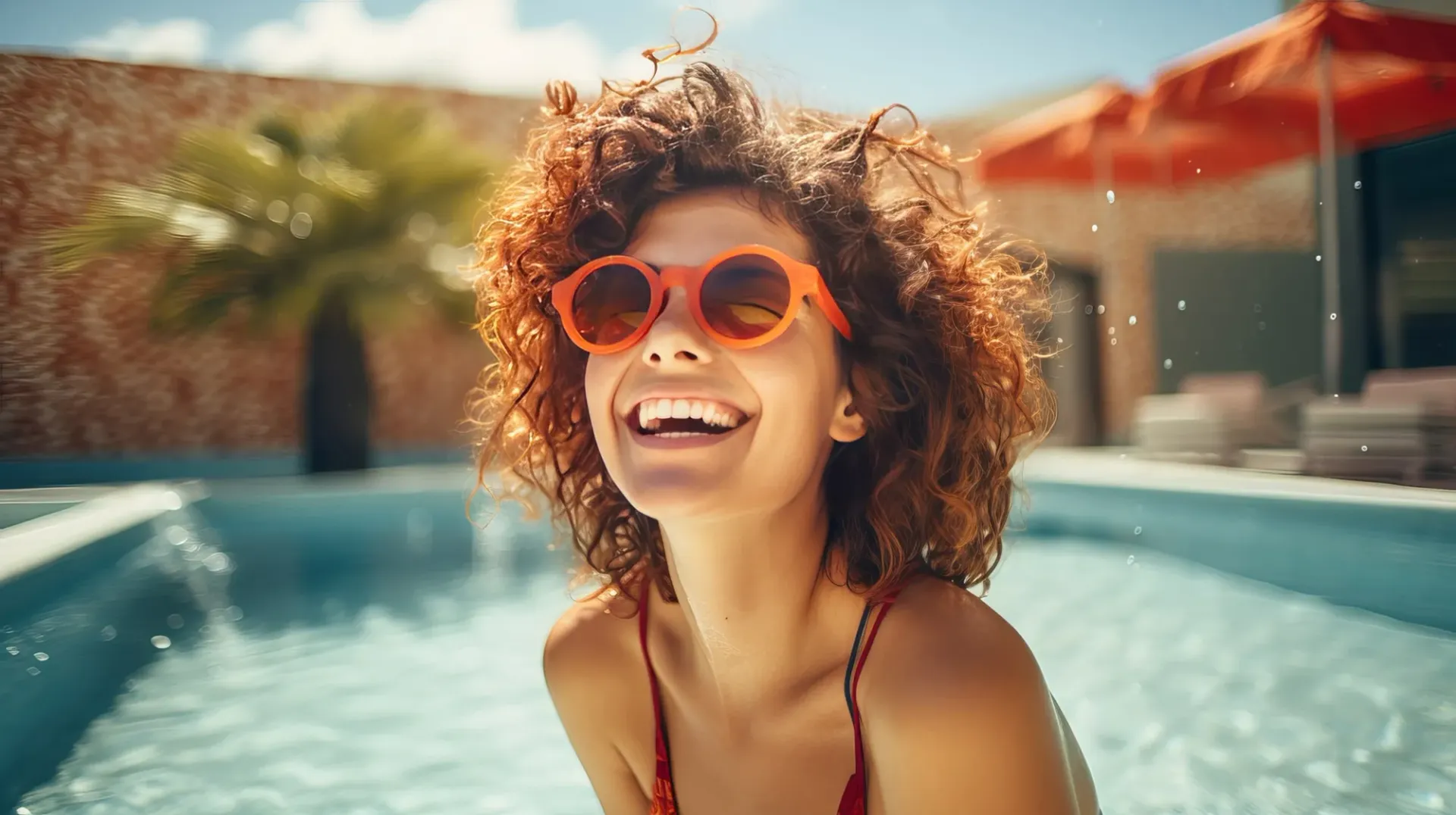 Happy pool construction customer in new swimming pool. Happy pool construction customer in new swimming pool.