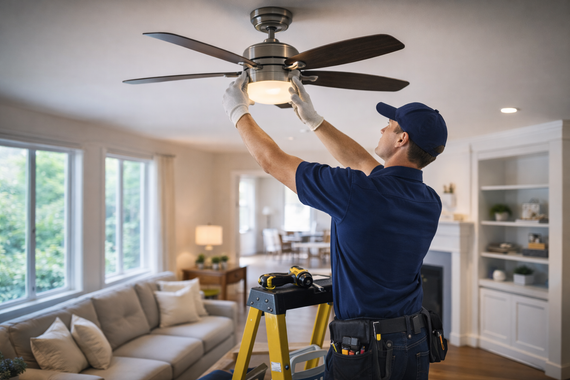Technician replacing a ceiling fan light in a bright living room on a step ladder