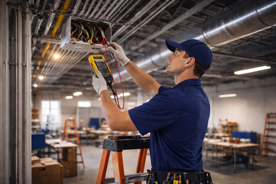 Electrician using a multimeter to inspect wiring in an industrial warehouse with a ladder nearby