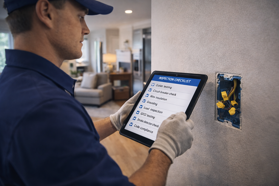 Technician using a tablet to inspect a wall outlet in a home interior