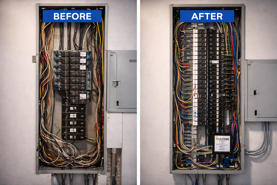 Before-and-after electrical panel organization, showing messy wiring cleaned up inside a wall box.