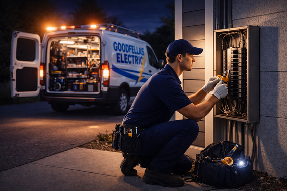 Electrician repairing an outdoor circuit panel beside a van at dusk