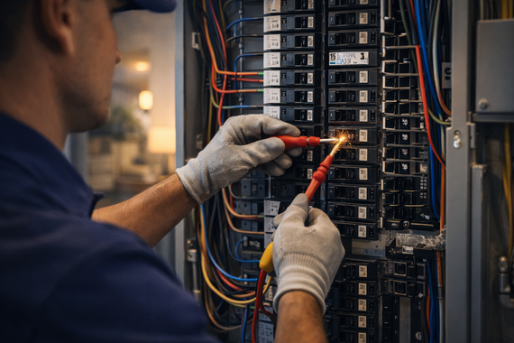 Technician using a multimeter on wiring inside a server rack