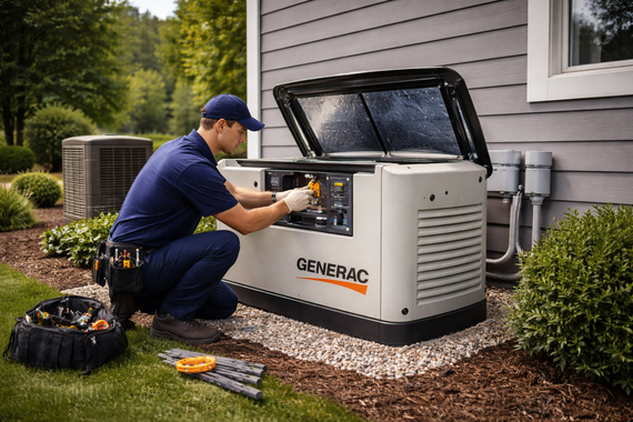 Technician servicing a Generac home standby generator beside a house exterior.