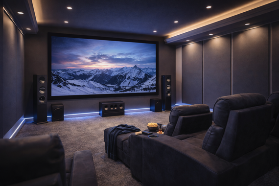Modern home theater with large screen showing a snowy mountain scene and plush reclining seats