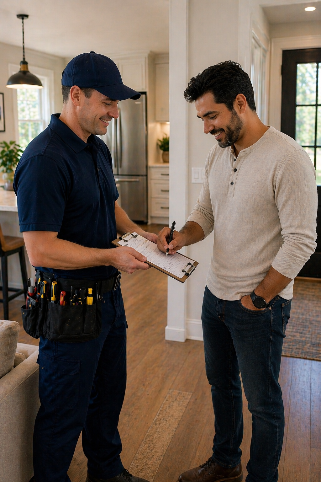 Tablet with dashboard beside tools, wrench, ruler, and sketches on a gray workbench