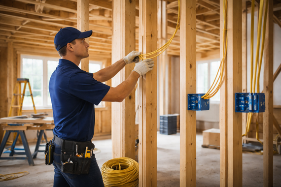 Electrician pulling yellow cable through wall studs in a new house construction site.