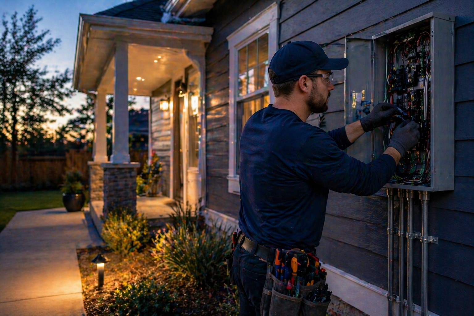 Electrician working on an outdoor wall meter at dusk beside a lit house porch