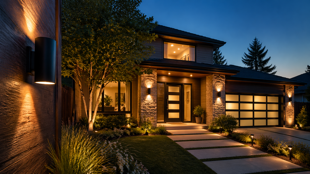 Modern house exterior at dusk with warm porch lights, stone walkway, and garage lights on
