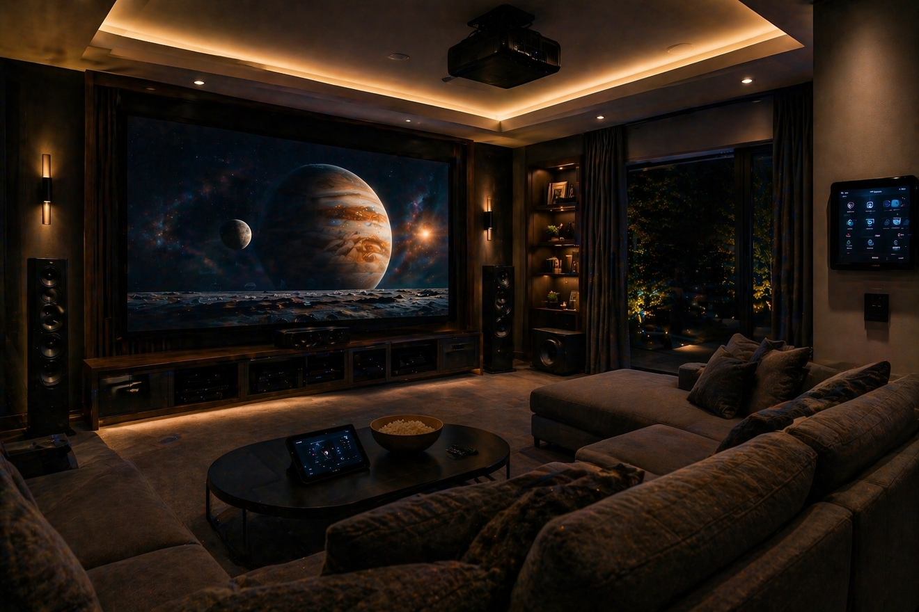 Luxury home theater with a large space wallpaper, warm lighting, and plush seating