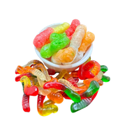 Freeze Dried gummy bears next to regular gummy bears