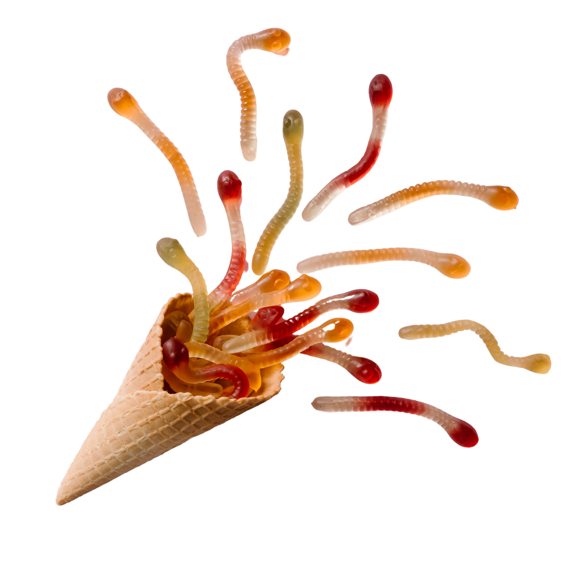 Gummy worms flowing out of a ice cream cone