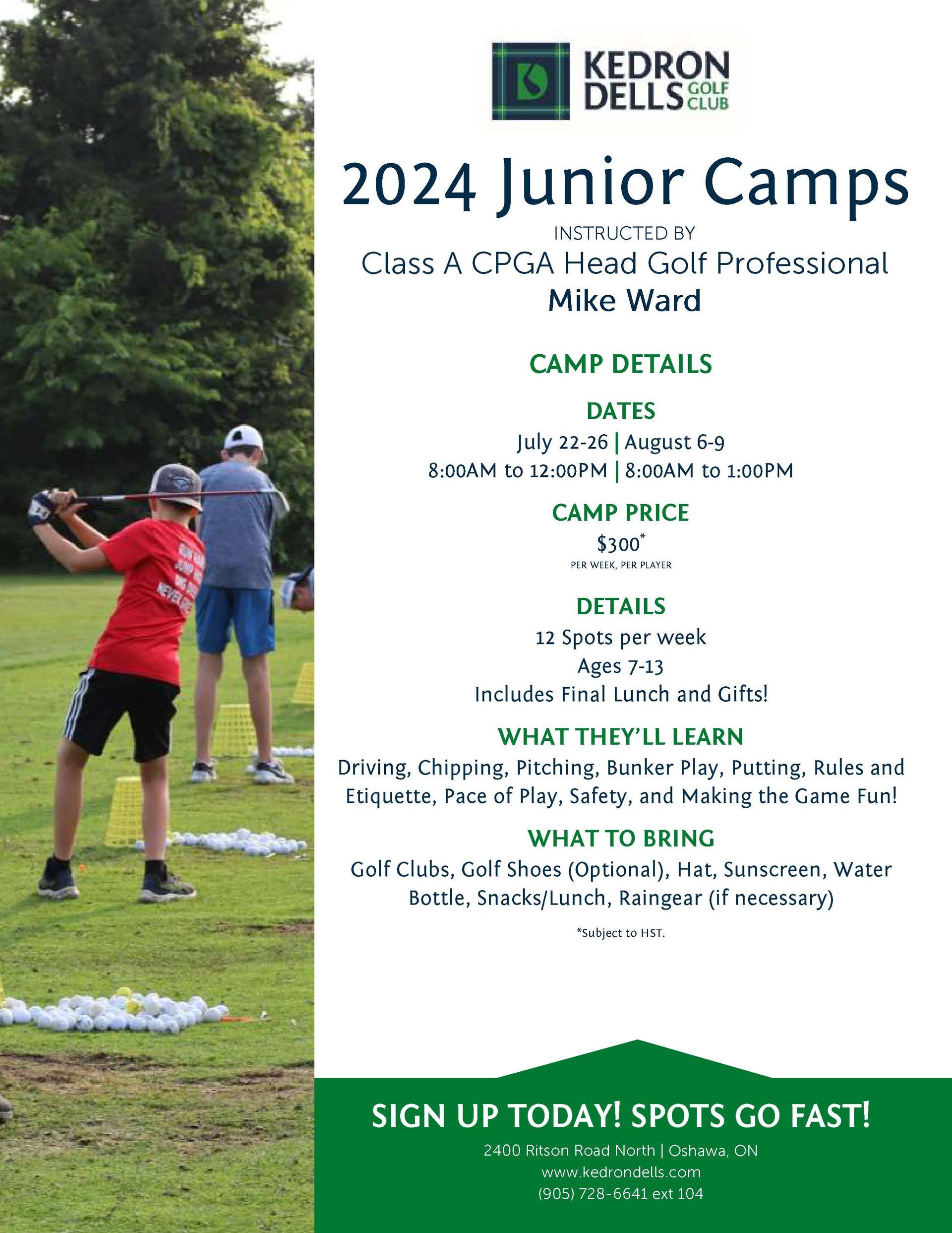 A flyer for Kedron Dells 2024 junior camps with a picture of a boy holding a golf club.